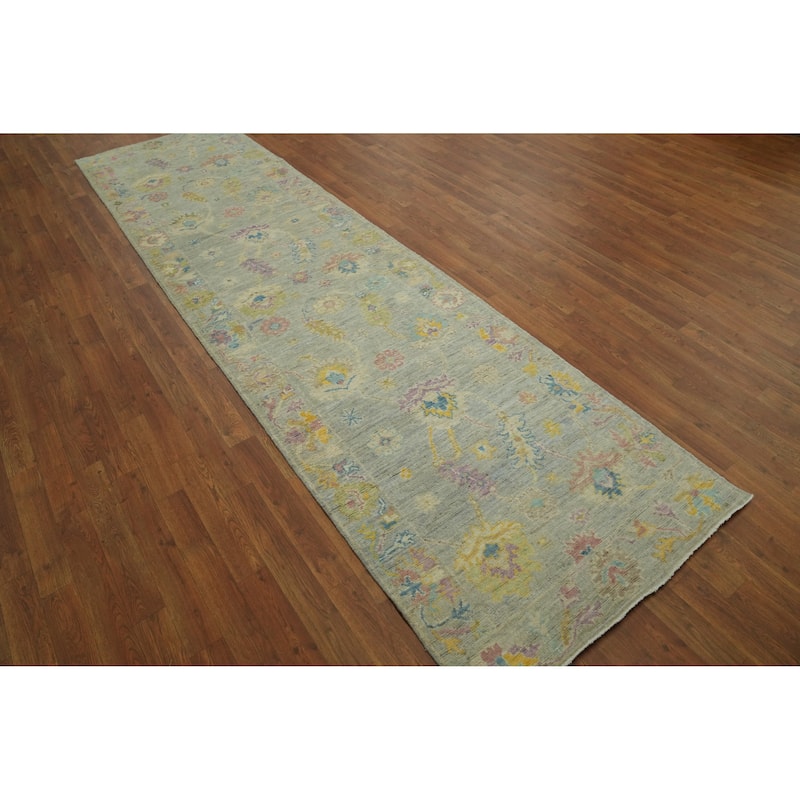 Vegetable Dye Gray Oushak Turkish Runner Rug, Floral Geometric Carpet - 11' 5'' X 3' 1''