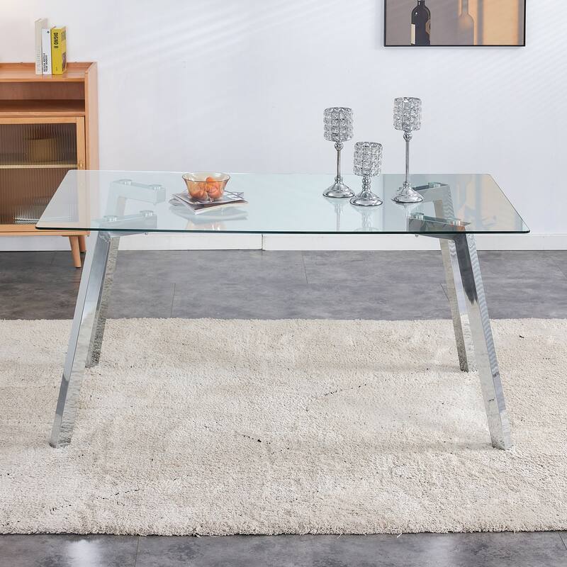 Minimalist style rectangular glass dining table with tempered glass and golden metal legs, for dining room,living room