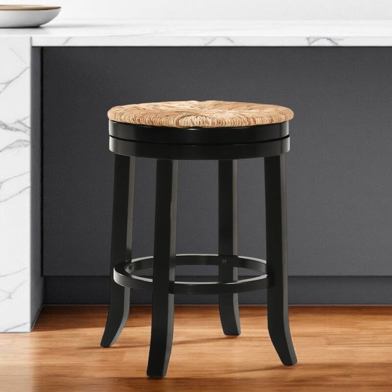 24" Natural And Antiqued White Solid Wood Swivel Backless Counter Height Bar Chair
