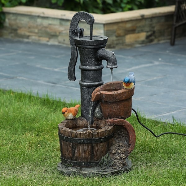 slide 2 of 10, Resin Farmhouse Barrels and Water Pump Outdoor Patio Fountain