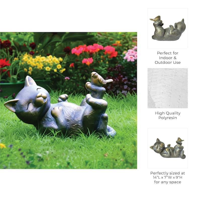 Polyresin Garden Statuary Playful Cat with Bird - 9" Metallic