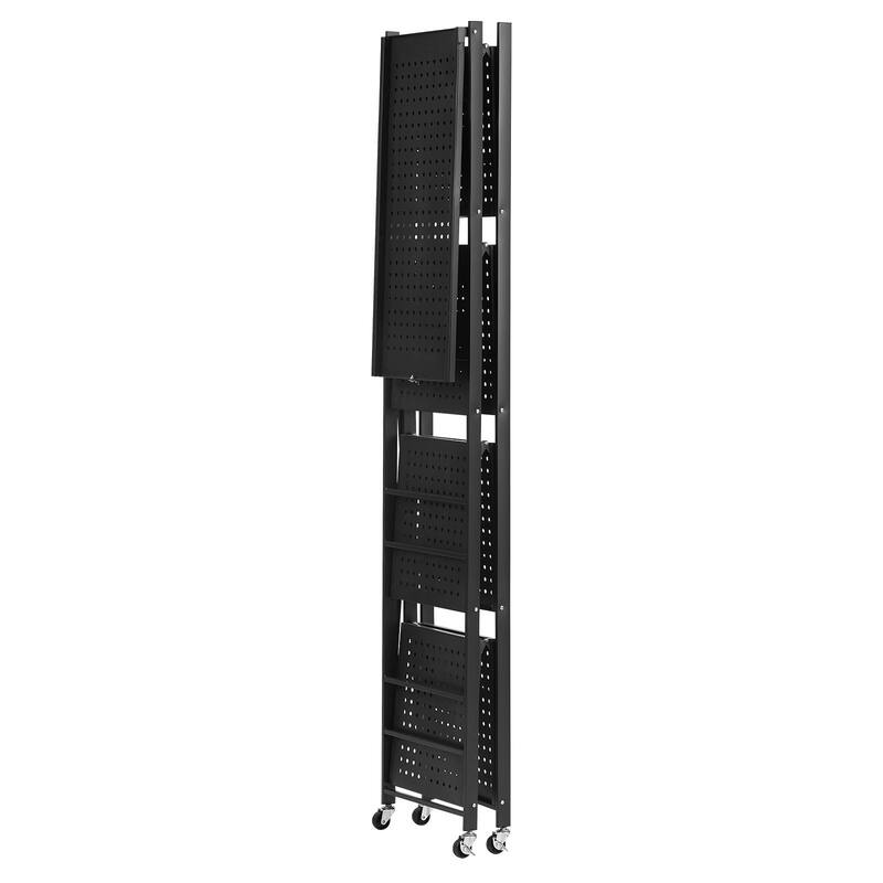 Black Carbon Steel 5 Tier Folding Garage Storage Shelf with Casters and J-Hooks - 13 x 28 x 66 in