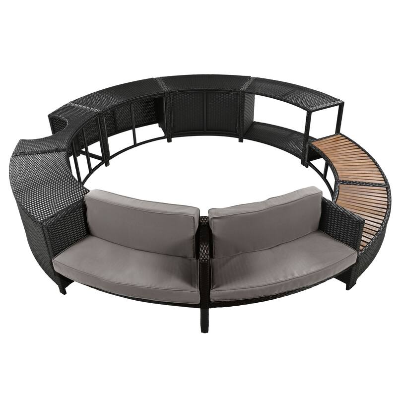 Spa Surround Patio Rattan Sofa Set with Storage, Cushioned Modular Sectional with Bench and Seats for Hot Tub, Backyard