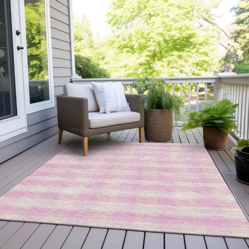 Machine Washable Indoor/ Outdoor Chantille Plaid Stripe Rug - Pink - 9' x 12'