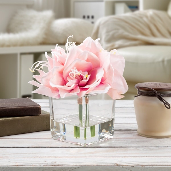 Faux Pink White Lily Floral Table Decor Centerpiece Glass Vase Artificial Water