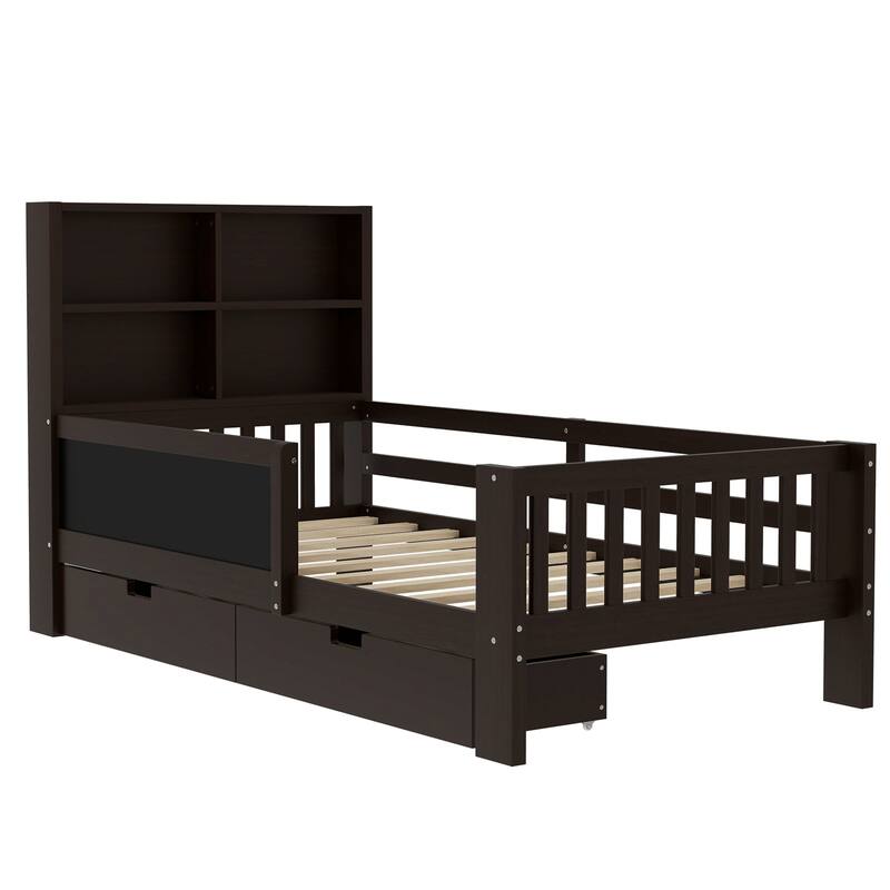 Childlike Fun Solid Wood Low-profile Platform Bed Storage Bed Frame with Side Chalkboard, Open Shelves, Drawers and Guardrails