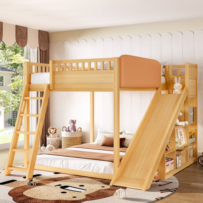 Roomfitters Loft Bed with Upholstered Headboard and Slide, Storage Shelves and Ladder - Natural - Full