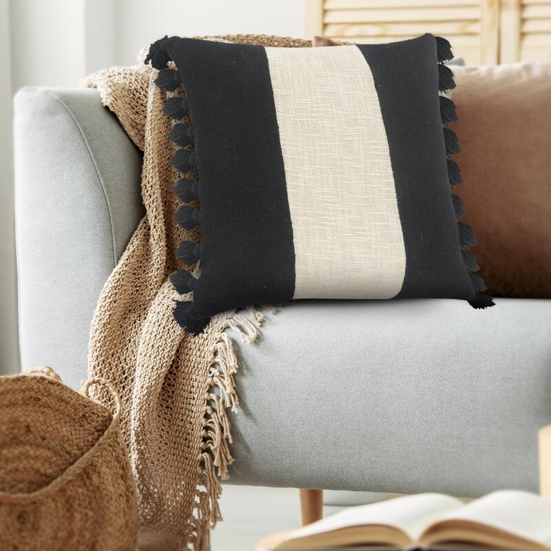 HomeRoots 20" X 20" Black And Ivory 100% Cotton Striped Zippered Pillow