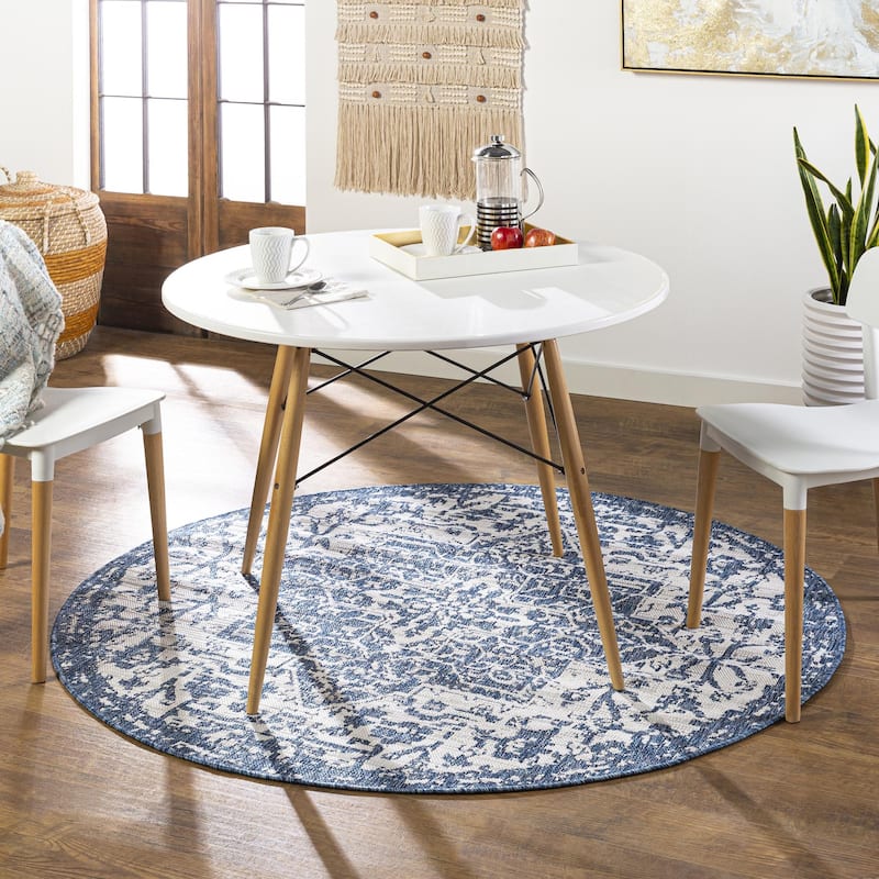 Livabliss Eagean Updated Traditional Medallion Indoor / OutdoorArea Rug - 6'7" x 6'7" Round - Blue
