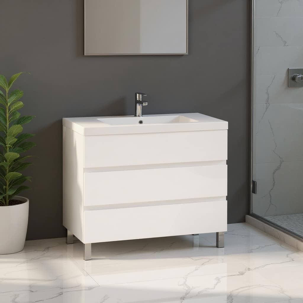 HomeRoots 40" White Wood Freestanding Bathroom Vanity With White Sink And Three Drawers - 40.00 in. x 39.06 in. x 17.88 in.