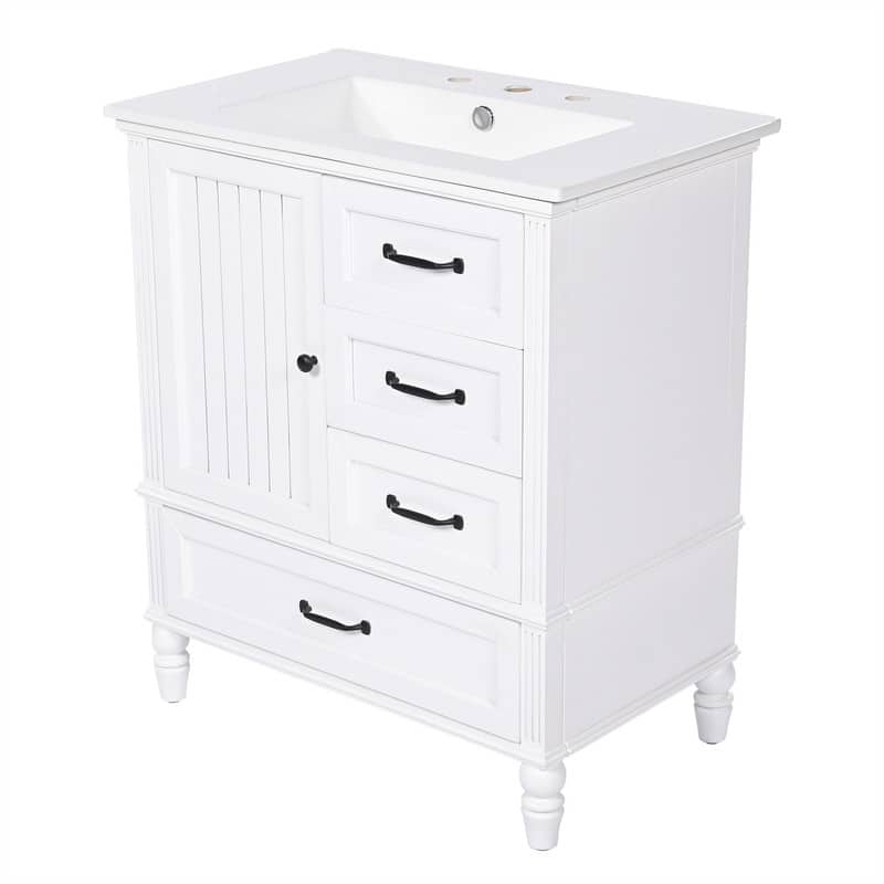 30" Bathroom Vanity with Ceramic Sink Top, Modern Bathroom Storage Cabinet with 1 Door, 3 Drawers and Solid Wood Legs