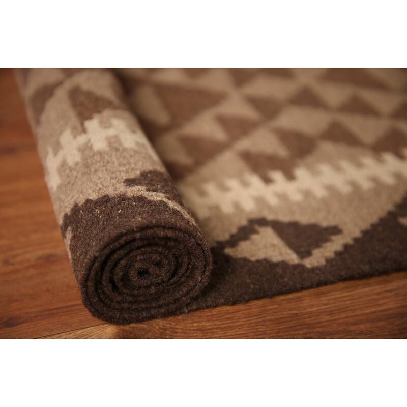 Brown Kilim Rug Hand-woven Geometric Wool Foyer Carpet - 3'2" x 5'2"
