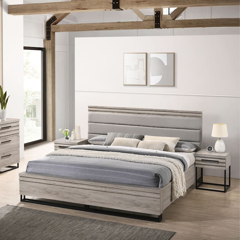 Roundhill Furniture Alvear 3-Piece Upholstered Wood Bedroom Set, Panel Bed and Two Nightstands, Weathered Gray