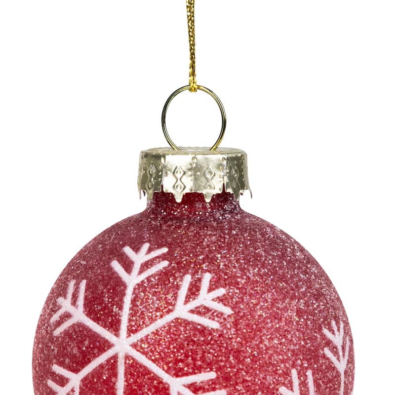 Snowflakes and Striped Glittered Glass Christmas Ornaments - 1.75-Inch (45mm) - Red - 12ct