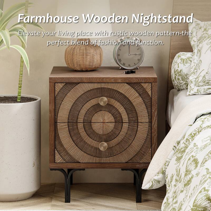 COZAYH Farmhouse Nightstand, Accent Wooden Storage with Circle Pattern and Radioactive Wood Lines, Mid-century Dresser