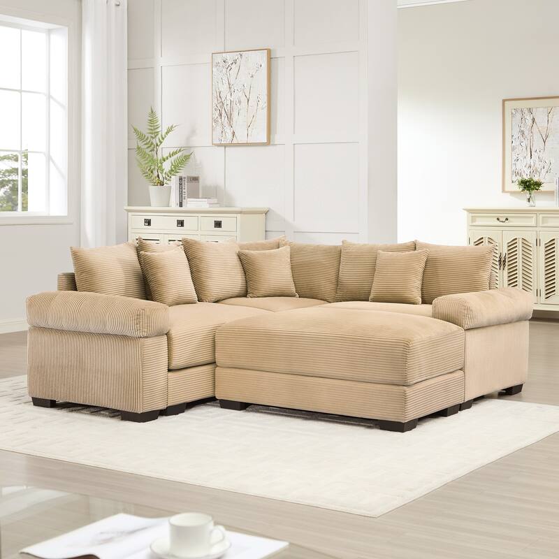 GDFStudio - Corduroy 3-Seater 79.1" Cloud Modular Sectional Couch with Ottoman