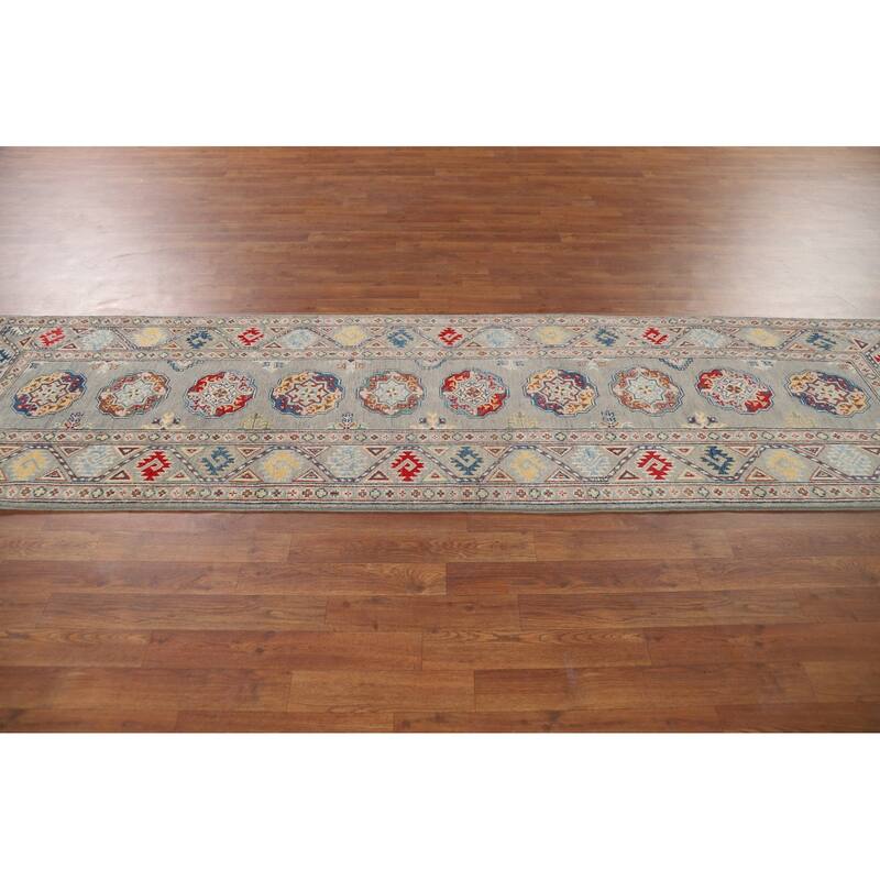 Gray Geometric Kazak Oriental Runner Rug Hand-Knotted Wool Carpet - 2'9" x 10'0"