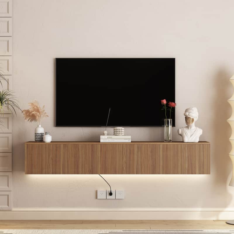 Floating TV Stand for TVs Up to 69", LED Wall Mounted Media Console with Doors, Modern Storage TV Cabinet for Living Room - Wood