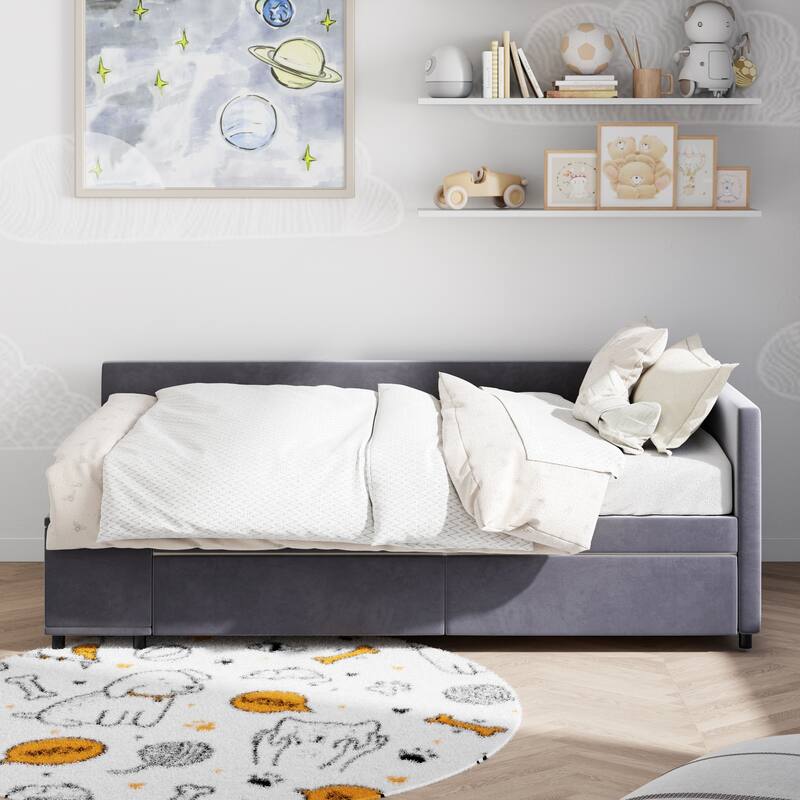 Twin Size Velvet Upholstered Daybed with Built-In Side Storage and 2 Drawers, L Shaped Corner Platform Sofa Bed Frame - Gray - Twin