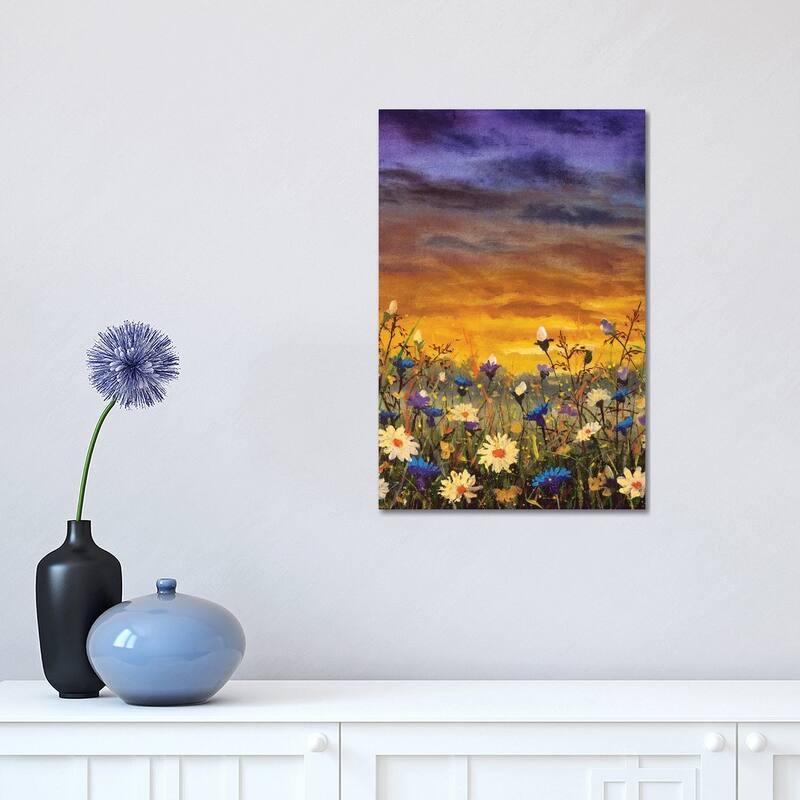 iCanvas "Flowers Field White Daisies Flowers Blue Cornflowers Oil Painting" by Valery Rybakow Canvas Print - 18x12x1.5