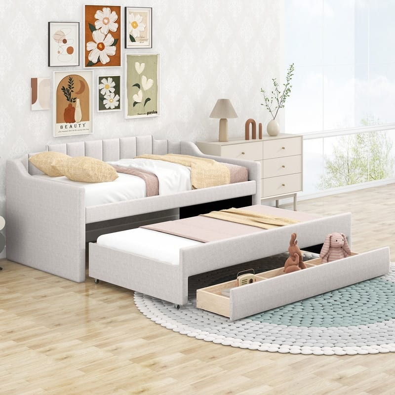 Twin Size Upholstered Daybed with Trundle and Three Drawers