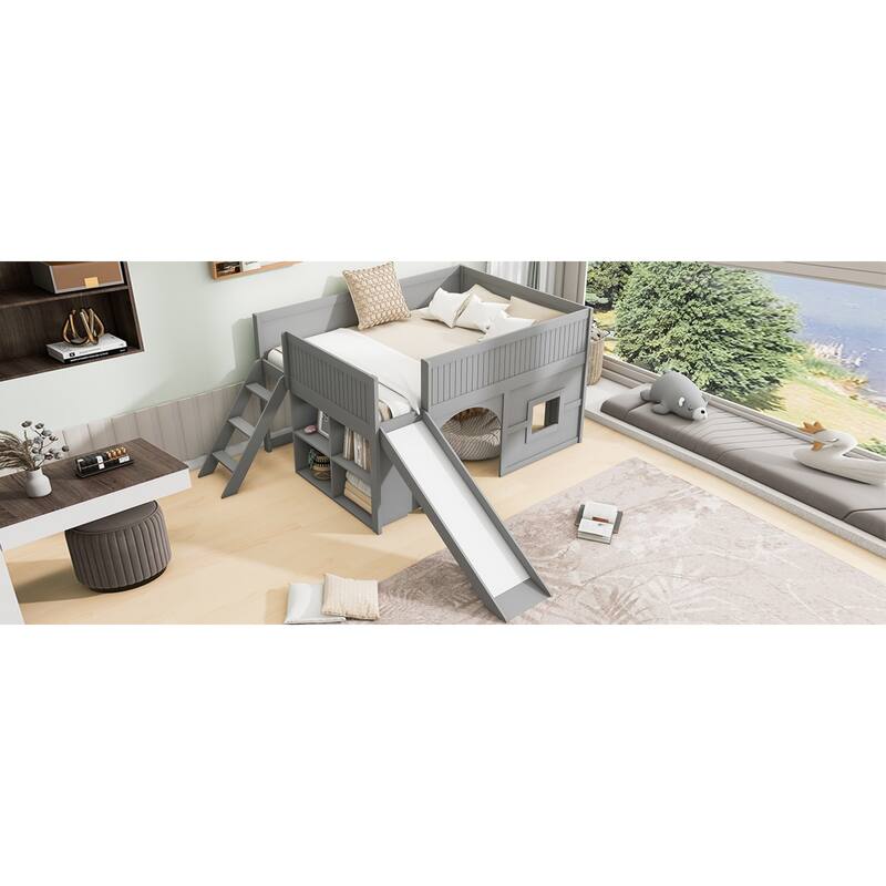Roomfitters Full Low Loft Bed with Slide, Storage Shelves and Window Design