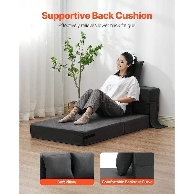 Dark Grey Single Foam Fabric Foldable Sofa Bed with Pillows and Washable Cover - 73.23” L x 28.74” W x 5.91” H