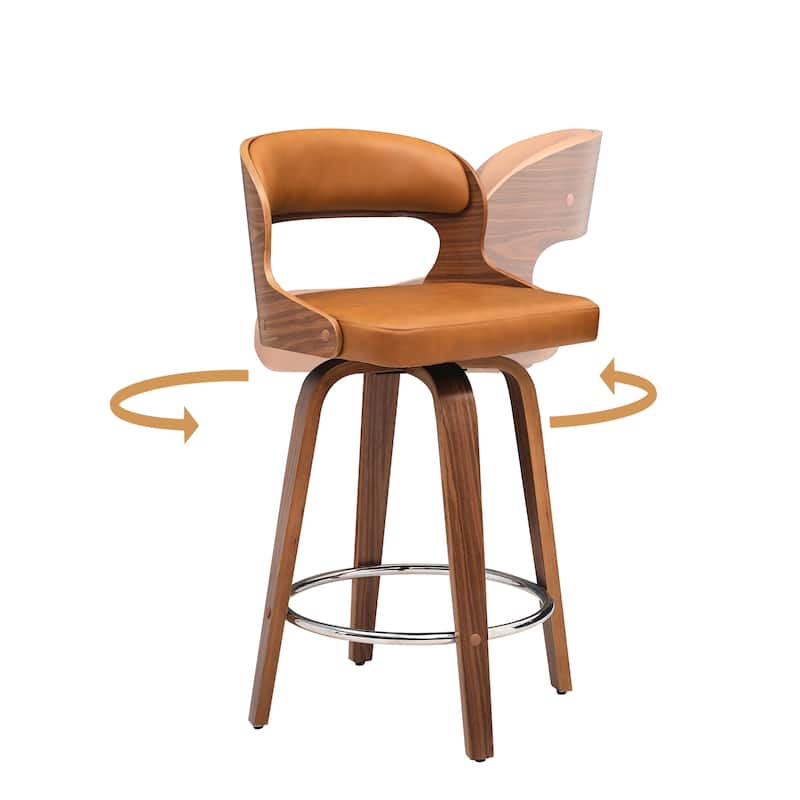 26.in Modern Set of 4 Leather Bar Stool Swivel Upholstered Hollow Back Counter Height Barstool with Wood Frame