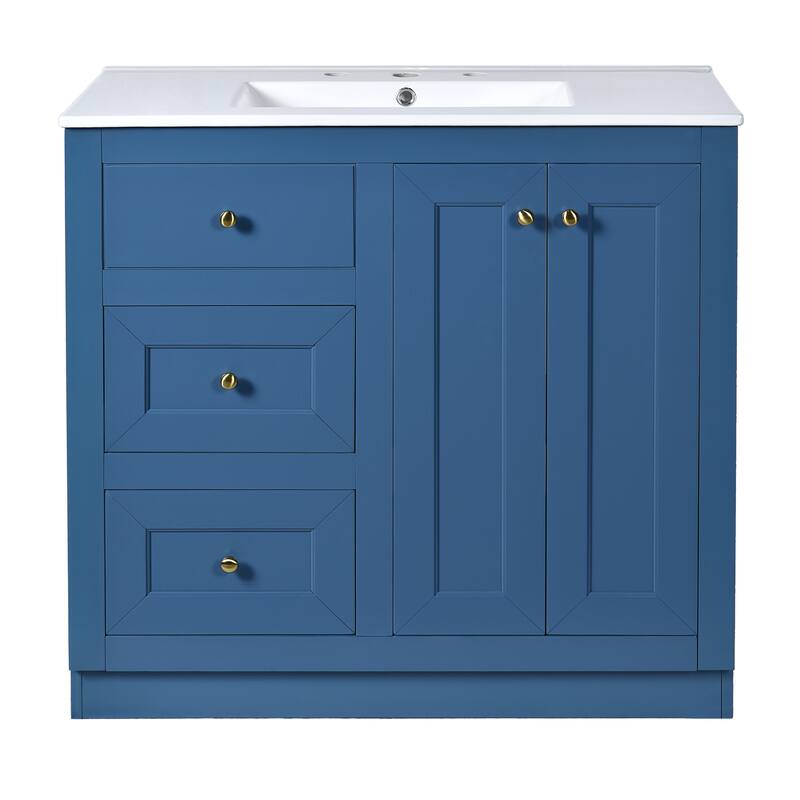 36" Modern Bathroom Vanity with Ceramic Sink, 2 Drawers & Shelf Storage Cabinet, Blue MDF & Solid Wood