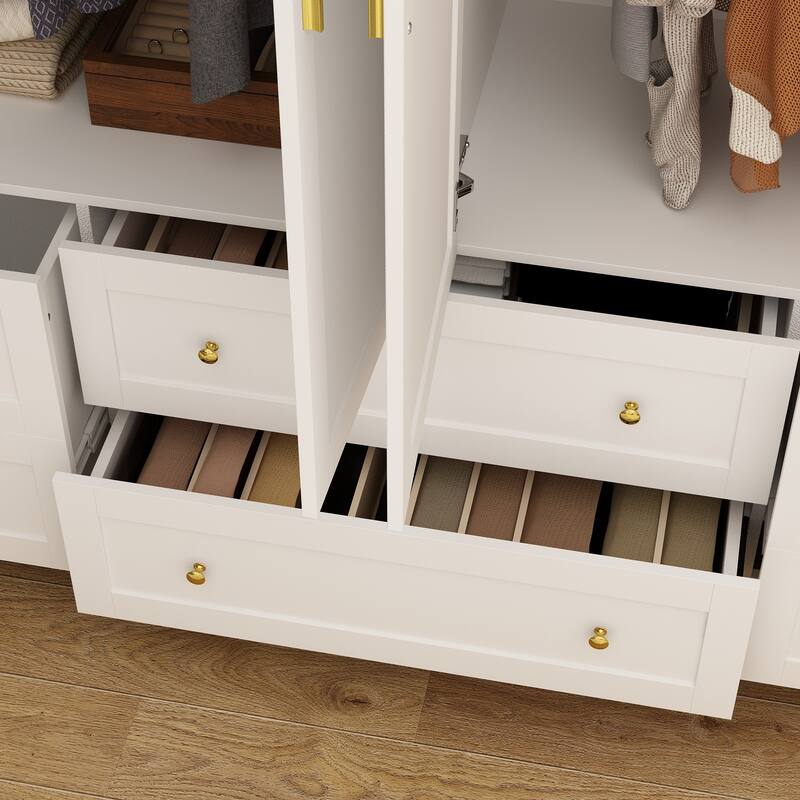 White Wardrobe Closet with Gold Handles - Modern Storage Cabinet with Drawers