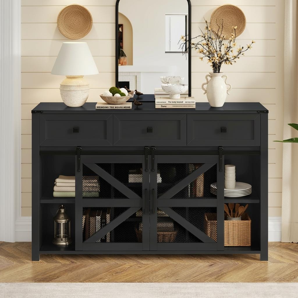 Industrial-Farmhouse Sliding Barn Door Sideboard with Metal Mesh & 3 Deep Drawers by Harper&Bright Designs