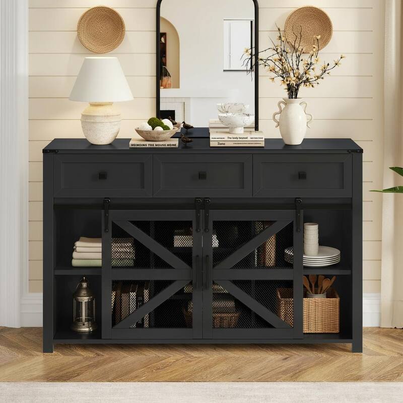 Industrial-Farmhouse Sliding Barn Door Sideboard with Metal Mesh & 3 Deep Drawers by Harper&Bright Designs - Black