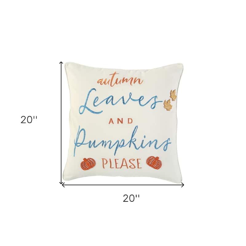 HomeRoots 20" Ivory Blue and Orange Thanksgiving Cotton Pillow With Applique, Embroidery Edges