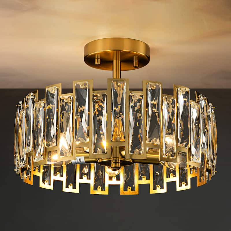 5-Light Mid-Century Modern Glam Cage Drum Crystal Semi-Flush Mount Ceiling Light