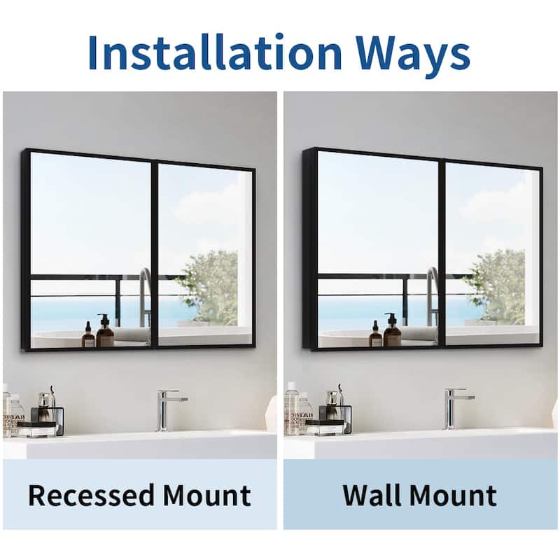 30 in. W x 26 in. H Black Framed Wall Mounted or Recessed Bathroom Medicine Cabinet with Mirror - 30" x 26"