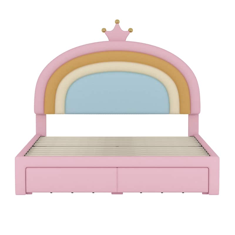 Full Size Upholstered Rainbow Design Bed, Velvet Princess Platform Bed with Storage Drawer, No Box-spring Needed