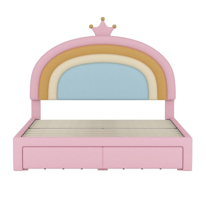 Arc Rainbow Headboard Upholstered Bed Frame, Velvet Princess Platform Bed with Storage Drawer, Wood Panel Bed