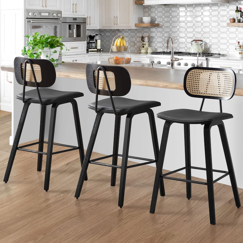 26-inch Wood Counter Height Bar Stools with Rattan Back