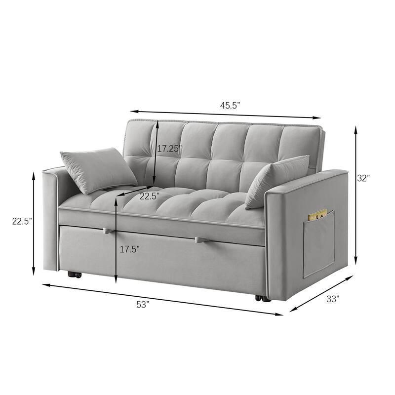 4 in1 Tufted Pull-out Sofa Bed with Backrest, Pillows, Storage Pockets