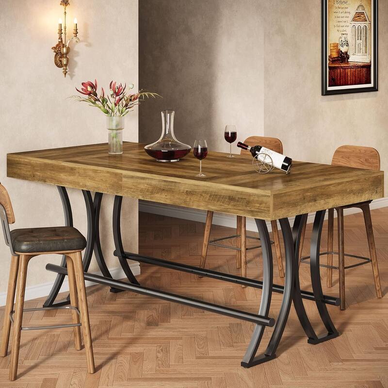 63" Counter Height Bar Table with Metal Footrest, Rectangular Tall Pub Table - 62.99"L x 27.56"W x 35.43"H
