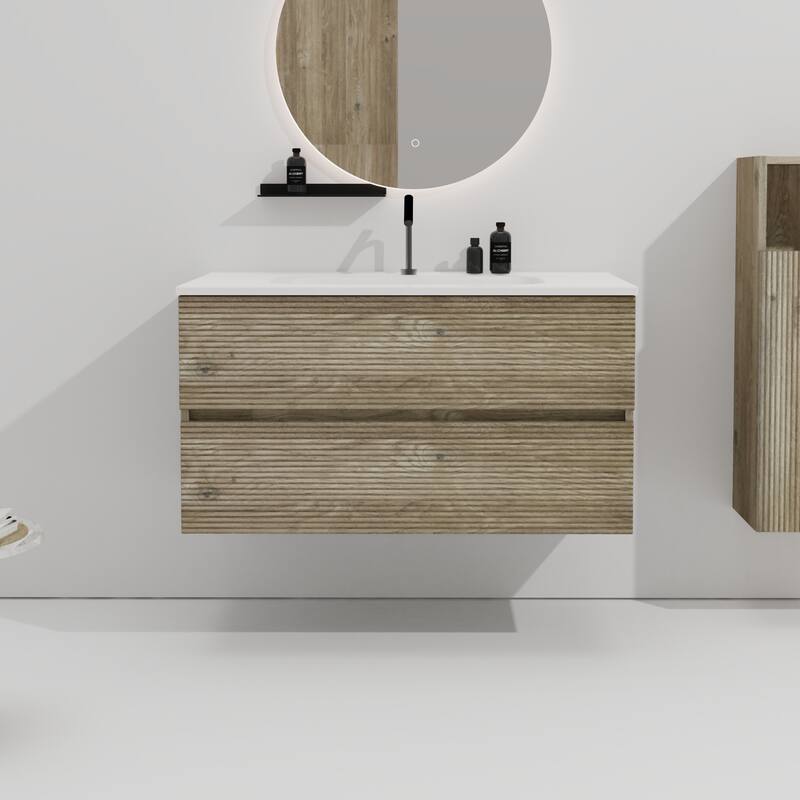 GDFStudio - Gloria Modern Wall-Mounted Floating Bathroom Vanity with Integrated Ceramic Basin & Soft-Close Drawers - 36" - Oak+1 faucet holes