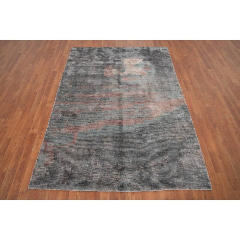 Hand Knotted Oriental Viscose Silk Carpet Modern Pictorial Greys & Charcoal Abstract Area Rug - 7' 0'' X 5' 0''