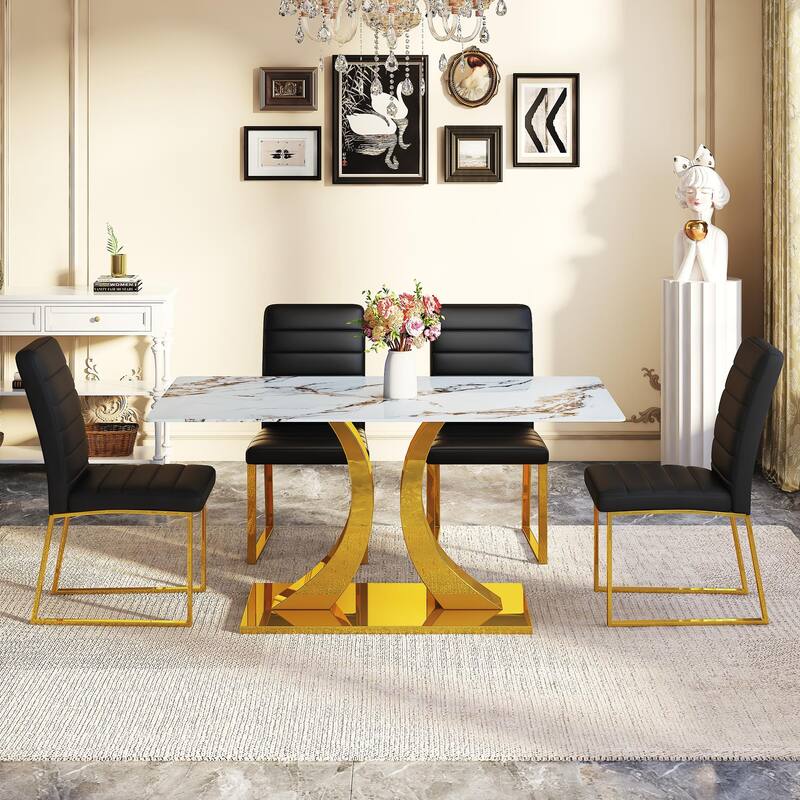 5-Piece Marble Pattern Tempered Glass Dining Set, 63-Inch Table with 4 Minimalist Chairs, Modern Style