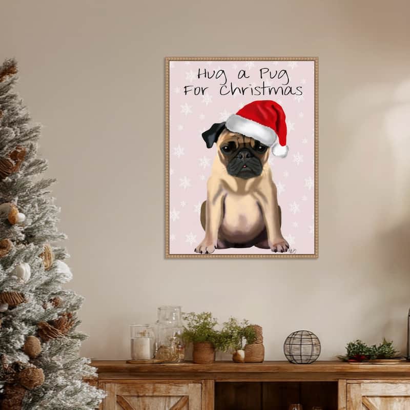 Hug a Pug by Fab Funky (23 x 30 in.), Framed Canvas Wall Art Print - Sylvie Beaded Rustic Natural