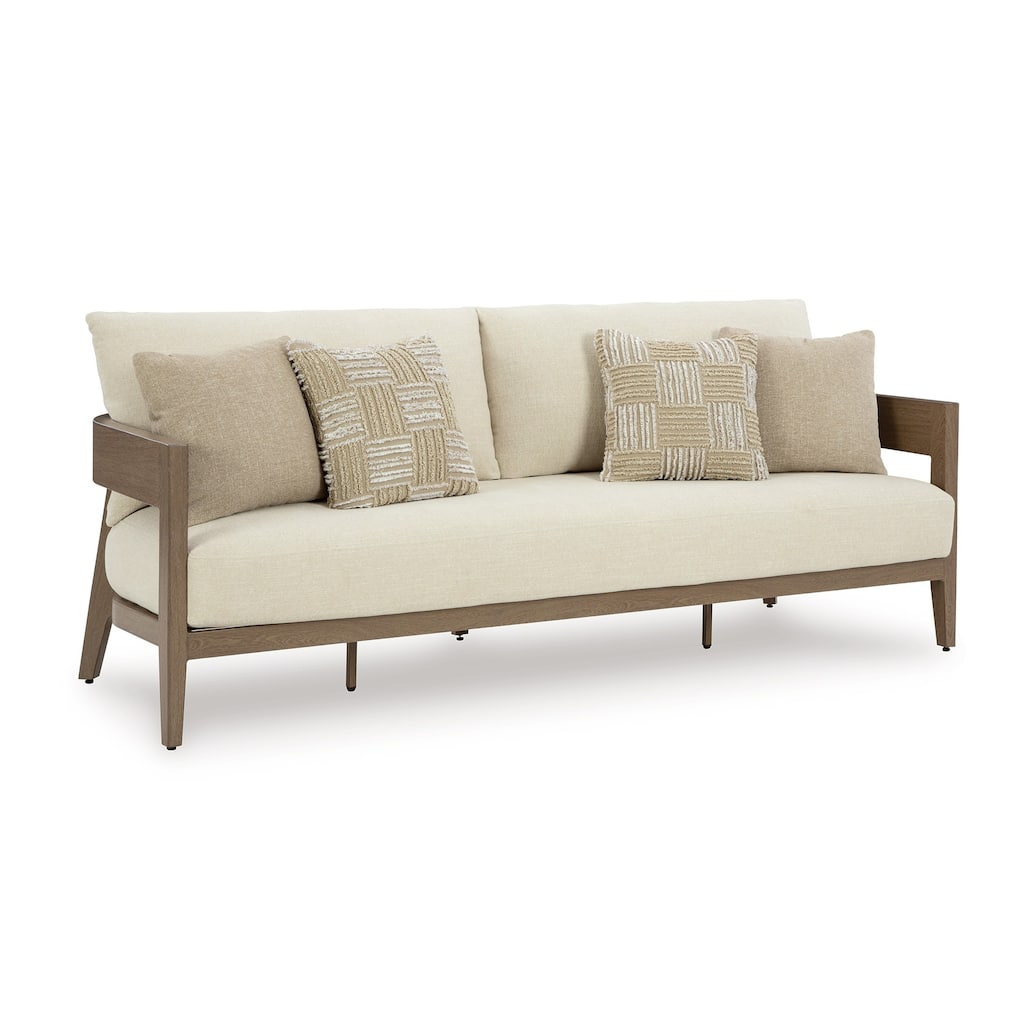 Baily Outdoor Sofa, 4 Throw Pillows, Cream White, 87 Inch Brown Metal