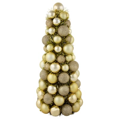 15.75" Gold 3-Finish Shatterproof Ball Christmas Tree with Tinsel