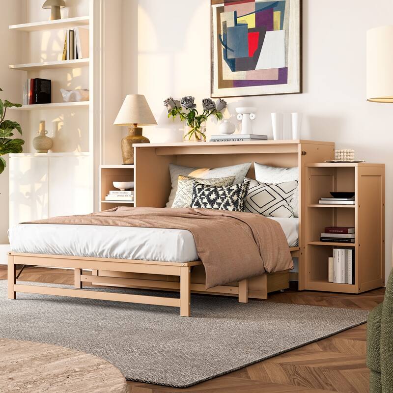 Full Size Murphy Wall Bed with Storage Drawers & Shelves, Space-Saving Design for Guest Room, Studio Apartment & Small Spaces - Natural