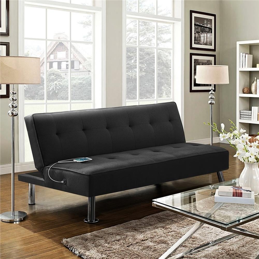 66-inch Modern Convertible Futon Sofa Bed with USB Charging, 3-Position Adjustable, 772lb Capacity, Black
