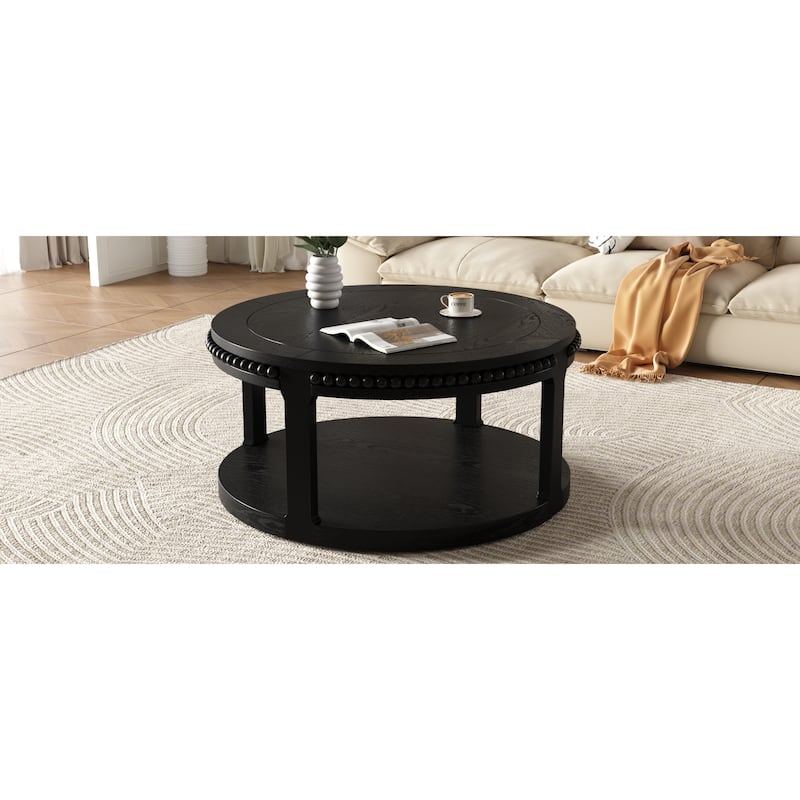 Roomfitters 31.5" Round Solid Wood Coffee Table, 2 Tier Thickened Center Table for Living Room
