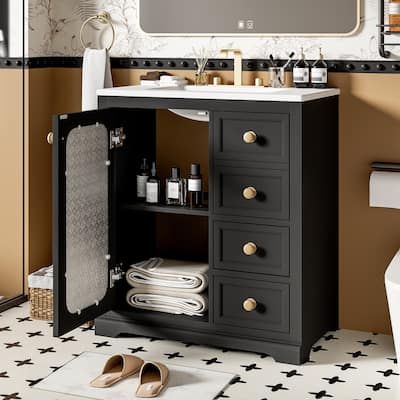 30 Inch Bathroom Vanity with Center Rectangular Sink, Modern Freestanding Bathroom Storage Cabinet with Glass Door, Black